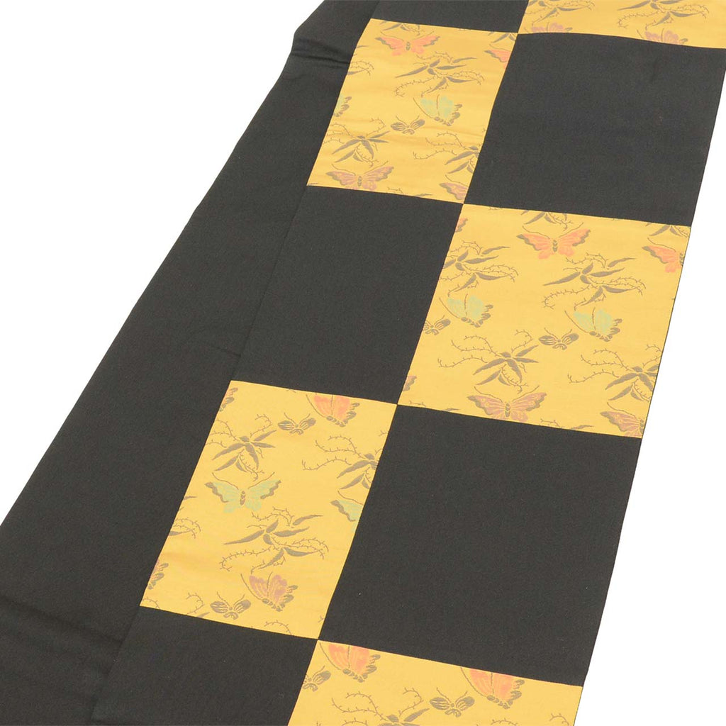 Vintage Japanese Obi | Sha-re Fukuro Obi | Black Brown Silk | Butterfly Ichimatsu | Casual | Sustainable | uu2690b