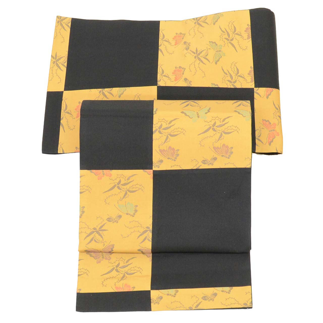 Vintage Japanese Obi | Sha-re Fukuro Obi | Black Brown Silk | Butterfly Ichimatsu | Casual | Sustainable | uu2690b