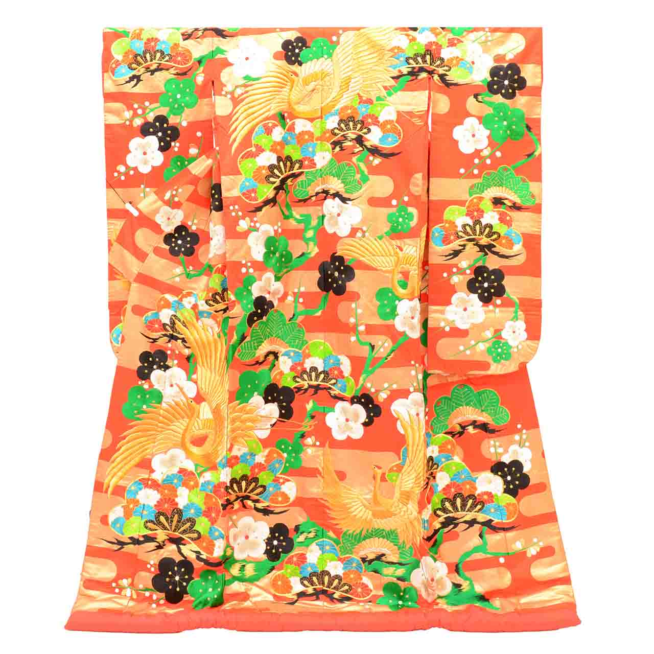 [Used] Recycled Kimono, Irouchikake (Wedding Kimono), Synthetic Fiber, Sleeve Length 66.0cm (26.0in), Body Length 187.0cm (73.6in), Size M, Red, Crane and Pine Tree Pattern, Embroidery, Gold Thread Embroidery, uu2696b 