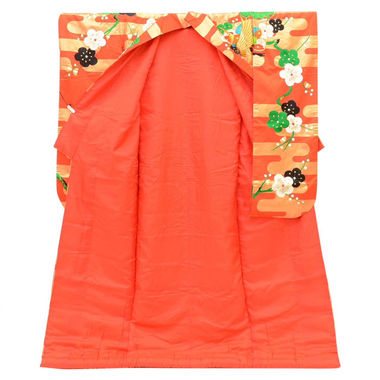 [Used] Recycled Kimono, Irouchikake (Wedding Kimono), Synthetic Fiber, Sleeve Length 66.0cm (26.0in), Body Length 187.0cm (73.6in), Size M, Red, Crane and Pine Tree Pattern, Embroidery, Gold Thread Embroidery, uu2696b 
