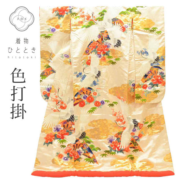 【中古】 リサイクル着物 色打掛 花嫁衣装 正絹 裄66.2cm 身丈192cm L 白色系 鶴 花文様 唐織 金駒刺繍 金糸 引箔 uu2697b