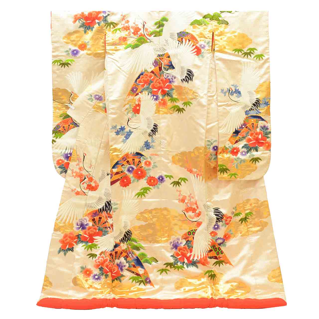 [Used] Recycled Kimono, Irouchikake (Wedding Kimono), Pure Silk, Sleeve Length 66.2cm (26.1in), Body Length 192.0cm (75.6in), Size L, White, Crane and Flower Pattern, Tang Weave, Gold Embroidery, Gold Thread, Foil Finish uu2697b 