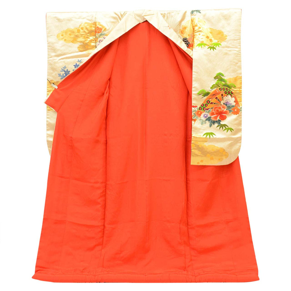 [Used] Recycled Kimono, Irouchikake (Wedding Kimono), Pure Silk, Sleeve Length 66.2cm (26.1in), Body Length 192.0cm (75.6in), Size L, White, Crane and Flower Pattern, Tang Weave, Gold Embroidery, Gold Thread, Foil Finish uu2697b 