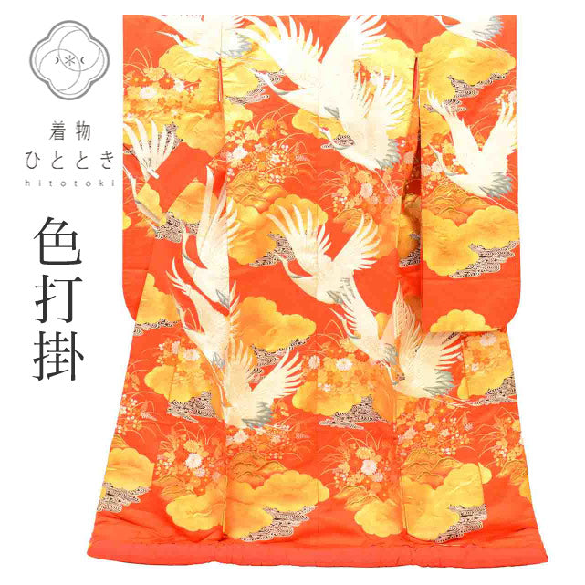 【中古】 リサイクル着物 色打掛 花嫁衣装 正絹 裄66.5cm 身丈191cm L 赤色系 鶴 秋花文様 刺繍 金糸 引箔 uu2699b