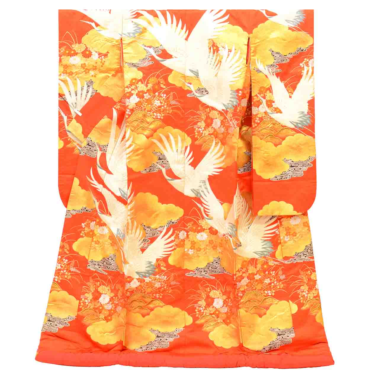 [Used] Recycled Kimono, Irouchikake (Wedding Kimono), Pure Silk, Sleeve Length 66.5cm (26.2in), Body Length 191.0cm (75.2in), Size L, Red, Crane and Autumn Flower Pattern, Embroidery, Gold Thread, Foil Finish, uu2699b 