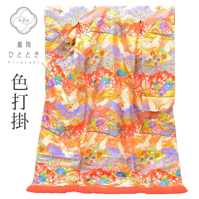 【中古】 リサイクル着物 色打掛 花嫁衣装 正絹 裄65.3cm 身丈200cm LL 赤色系 鶴 花文様 刺繍 金糸 引箔 uu2700b