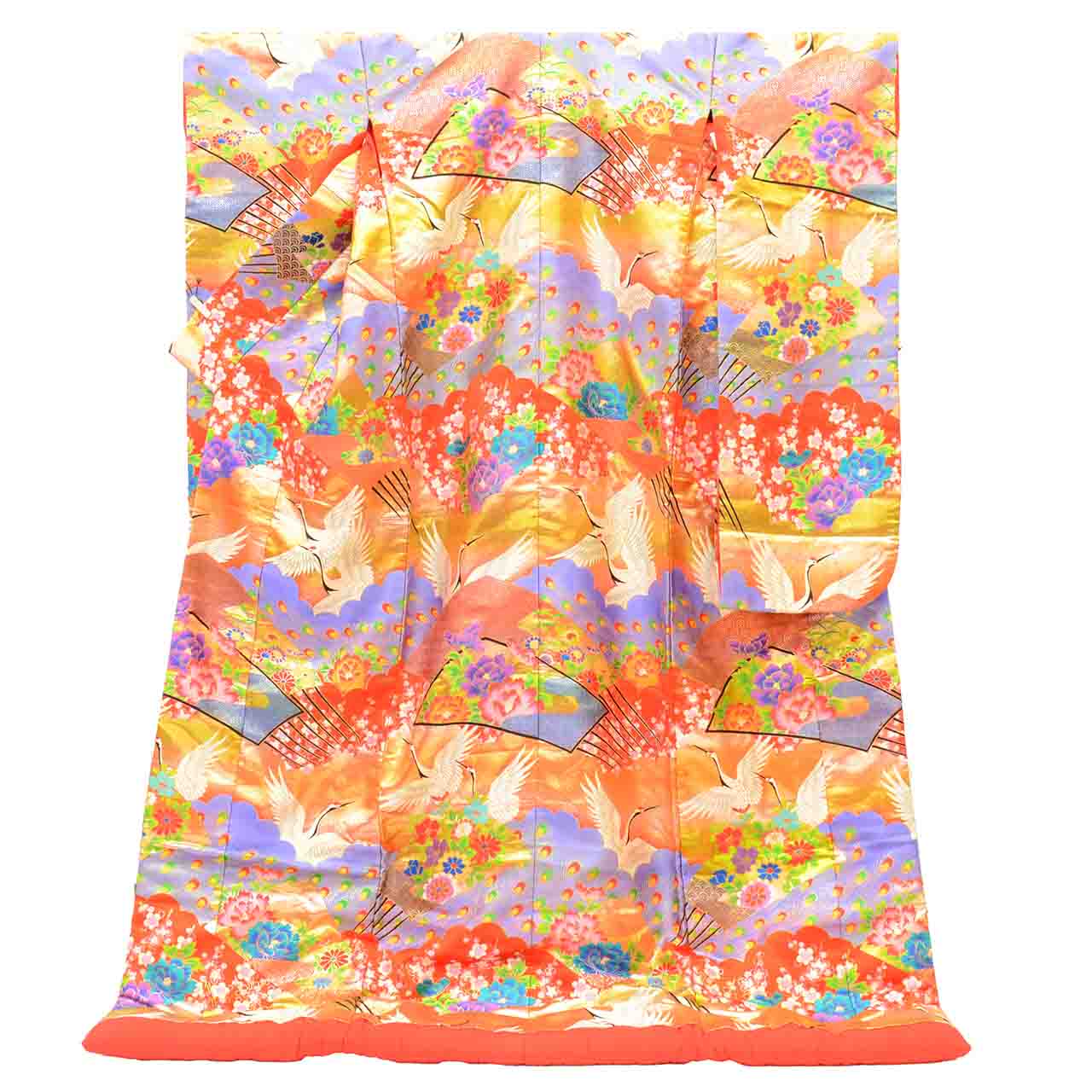 [Used] Recycled Kimono, Irouchikake (Wedding Kimono), Pure Silk, Sleeve Length 65.3cm (25.7in), Body Length 200.0cm (78.7in), Size LL, Red, Crane and Flower Pattern, Embroidery, Gold Thread, Foil Finish uu2700b 