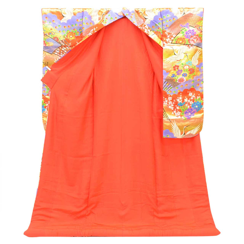 [Used] Recycled Kimono, Irouchikake (Wedding Kimono), Pure Silk, Sleeve Length 65.3cm (25.7in), Body Length 200.0cm (78.7in), Size LL, Red, Crane and Flower Pattern, Embroidery, Gold Thread, Foil Finish uu2700b 