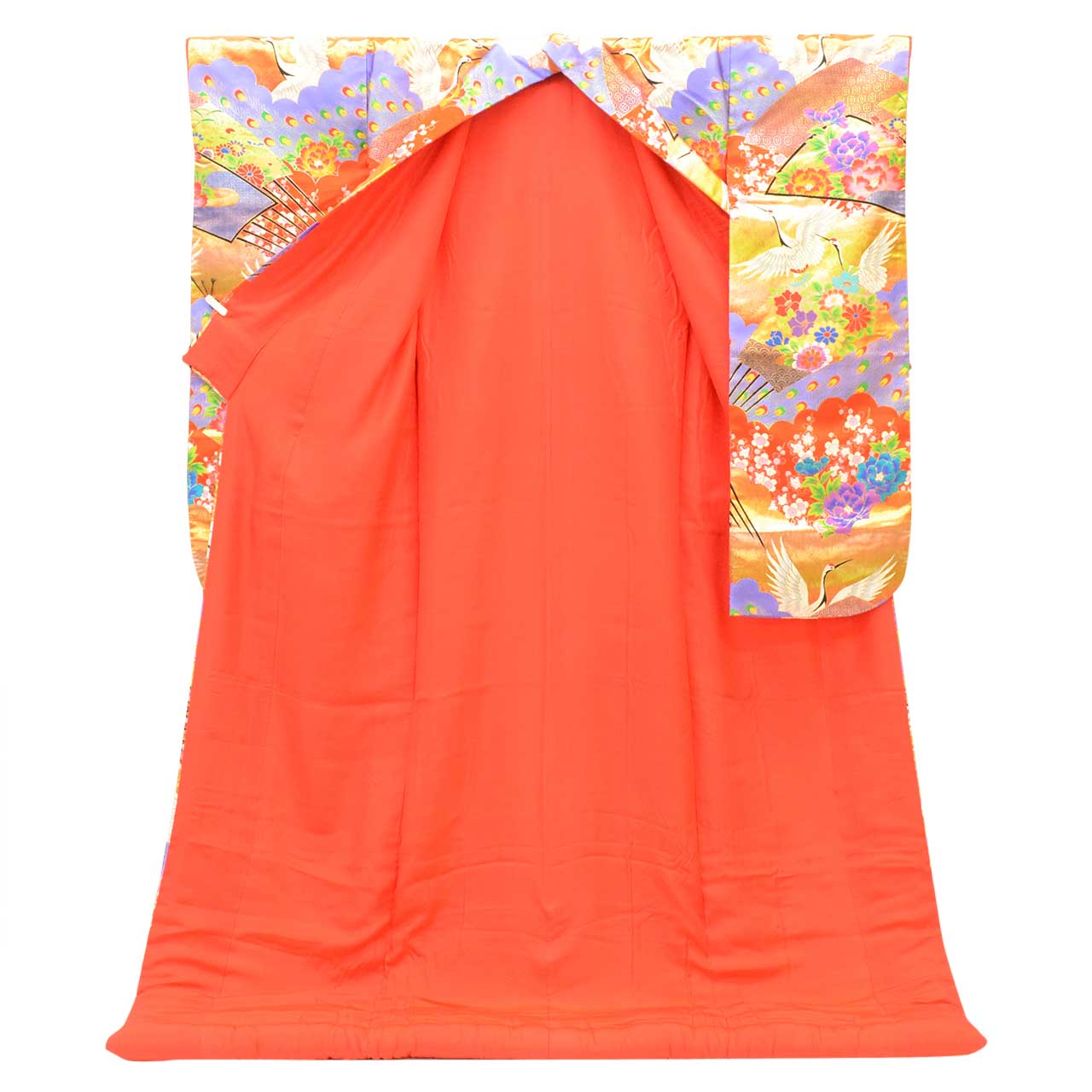 [Used] Recycled Kimono, Irouchikake (Wedding Kimono), Pure Silk, Sleeve Length 65.3cm (25.7in), Body Length 200.0cm (78.7in), Size LL, Red, Crane and Flower Pattern, Embroidery, Gold Thread, Foil Finish uu2700b 