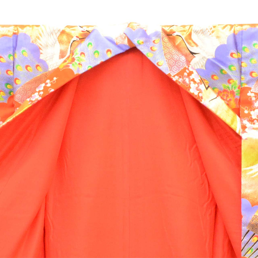 [Used] Recycled Kimono, Irouchikake (Wedding Kimono), Pure Silk, Sleeve Length 65.3cm (25.7in), Body Length 200.0cm (78.7in), Size LL, Red, Crane and Flower Pattern, Embroidery, Gold Thread, Foil Finish uu2700b 
