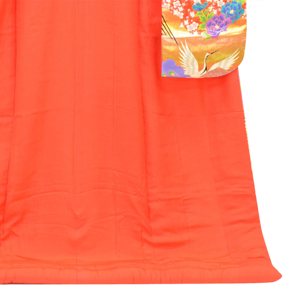 [Used] Recycled Kimono, Irouchikake (Wedding Kimono), Pure Silk, Sleeve Length 65.3cm (25.7in), Body Length 200.0cm (78.7in), Size LL, Red, Crane and Flower Pattern, Embroidery, Gold Thread, Foil Finish uu2700b 