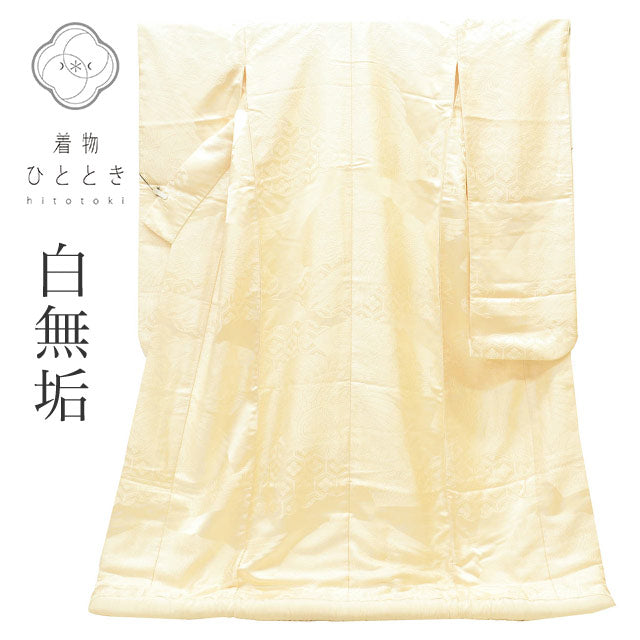 【中古】 リサイクル着物 白無垢 花嫁衣装 正絹 裄66cm 身丈188cm M 白色系 鶴 花菱文様 刺繍 唐織 uu2701b
