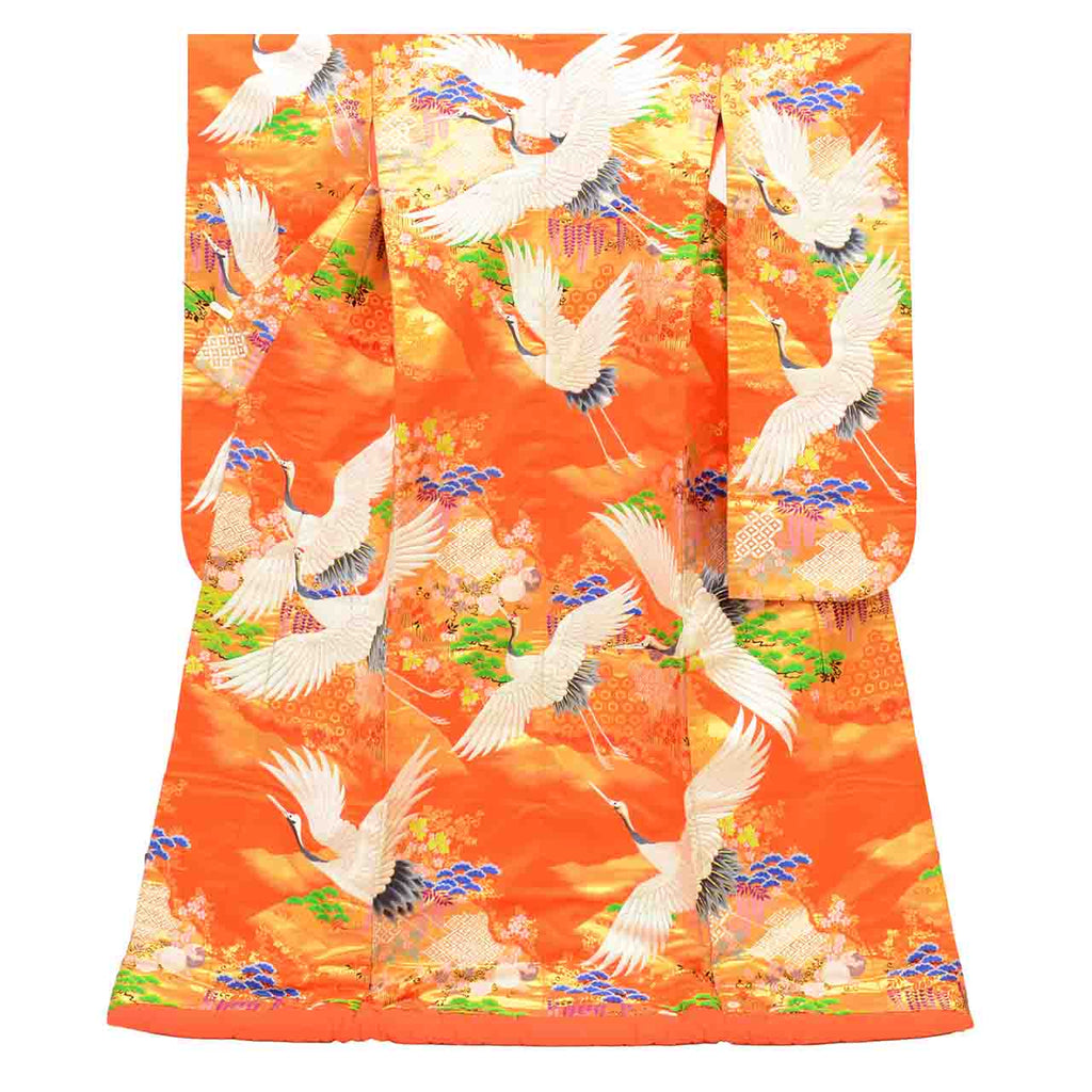 [Used] Recycled Kimono, Irouchikake (Wedding Kimono), Pure Silk, Sleeve Length 65.5cm (25.8in), Body Length 187.0cm (73.6in), Size M, Orange, Crane Pattern, Embroidery, Tang Weave, Gold Thread, Foil Finish uu2707b 