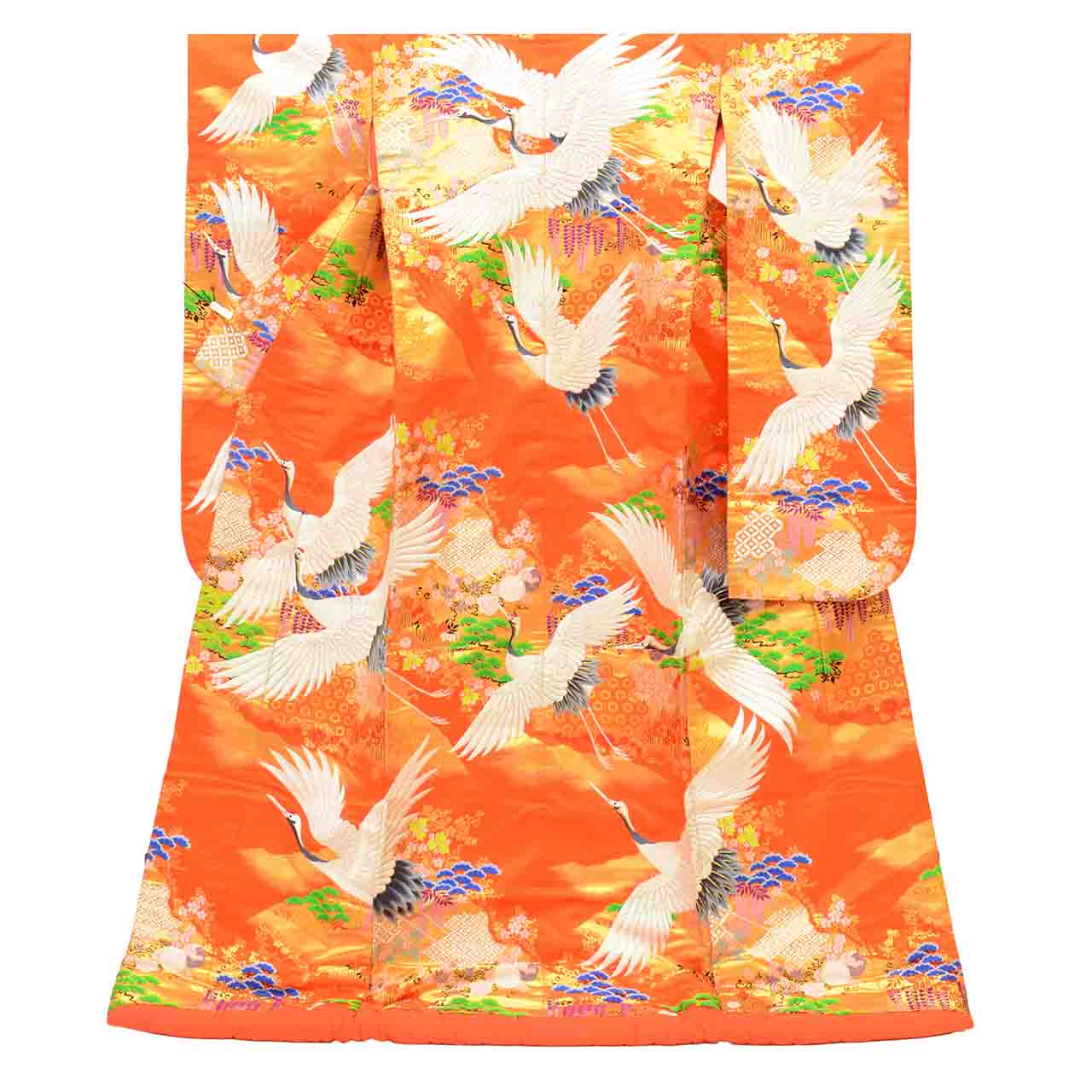 [Used] Recycled Kimono, Irouchikake (Wedding Kimono), Pure Silk, Sleeve Length 65.5cm (25.8in), Body Length 187.0cm (73.6in), Size M, Orange, Crane Pattern, Embroidery, Tang Weave, Gold Thread, Foil Finish uu2707b 