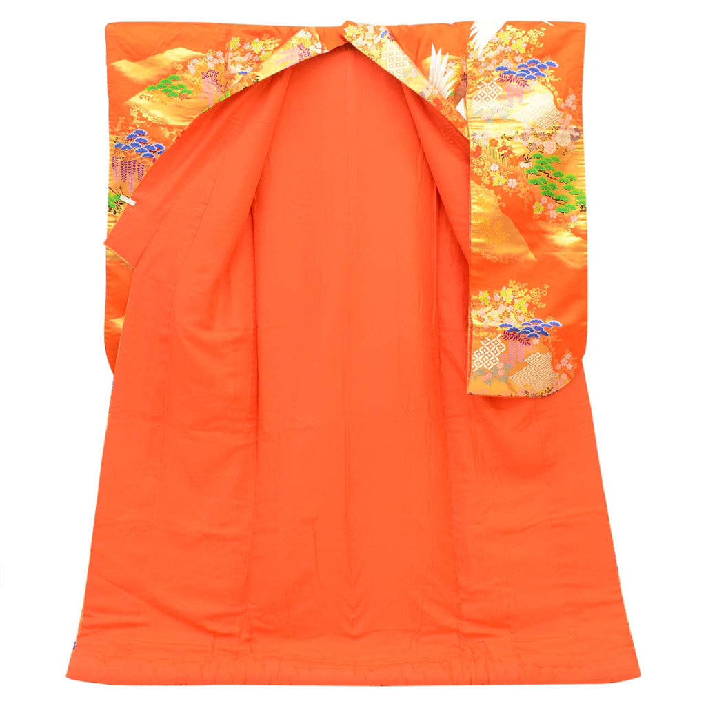 [Used] Recycled Kimono, Irouchikake (Wedding Kimono), Pure Silk, Sleeve Length 65.5cm (25.8in), Body Length 187.0cm (73.6in), Size M, Orange, Crane Pattern, Embroidery, Tang Weave, Gold Thread, Foil Finish uu2707b 