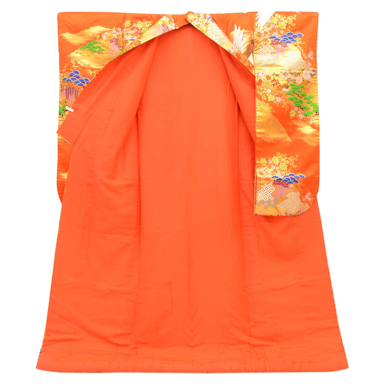[Used] Recycled Kimono, Irouchikake (Wedding Kimono), Pure Silk, Sleeve Length 65.5cm (25.8in), Body Length 187.0cm (73.6in), Size M, Orange, Crane Pattern, Embroidery, Tang Weave, Gold Thread, Foil Finish uu2707b 