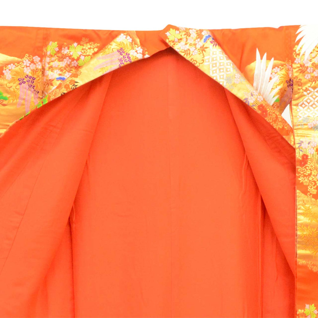 [Used] Recycled Kimono, Irouchikake (Wedding Kimono), Pure Silk, Sleeve Length 65.5cm (25.8in), Body Length 187.0cm (73.6in), Size M, Orange, Crane Pattern, Embroidery, Tang Weave, Gold Thread, Foil Finish uu2707b 