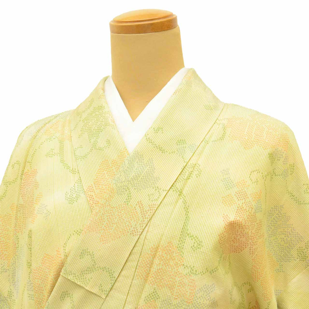 Vintage Japanese Kimono | Tsumugi | Green Silk | Floral Arabesque | Unused | Size S | Sustainable | uu2717b