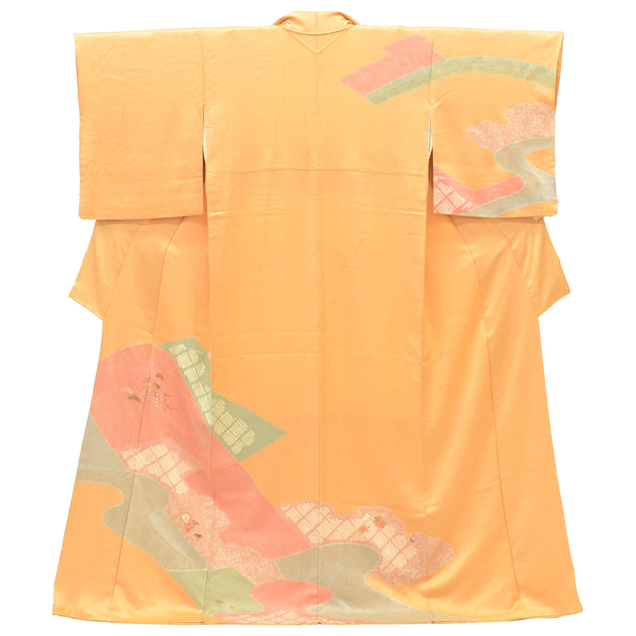 [Used] Recycled Kimono, Visiting Kimono, Pure Silk, Size M, Excellent Condition, Length 160.8cm, Sleeve Length 63.5cm, Lined, Ready-made, Gold Embroidery, Shibori Dyeing, Gold Leaf, Orange Flowers, Pine Trees, Swatow Embroidery, Silk, Reuse uu2732b 