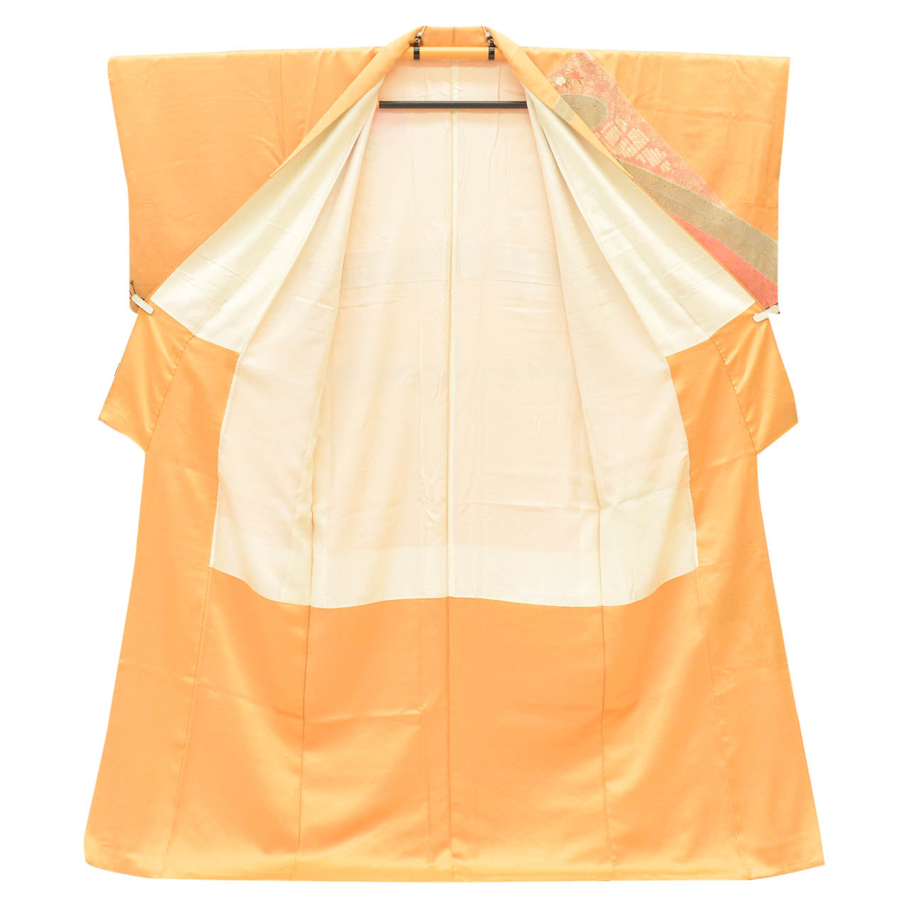 [Used] Recycled Kimono, Visiting Kimono, Pure Silk, Size M, Excellent Condition, Length 160.8cm, Sleeve Length 63.5cm, Lined, Ready-made, Gold Embroidery, Shibori Dyeing, Gold Leaf, Orange Flowers, Pine Trees, Swatow Embroidery, Silk, Reuse uu2732b 