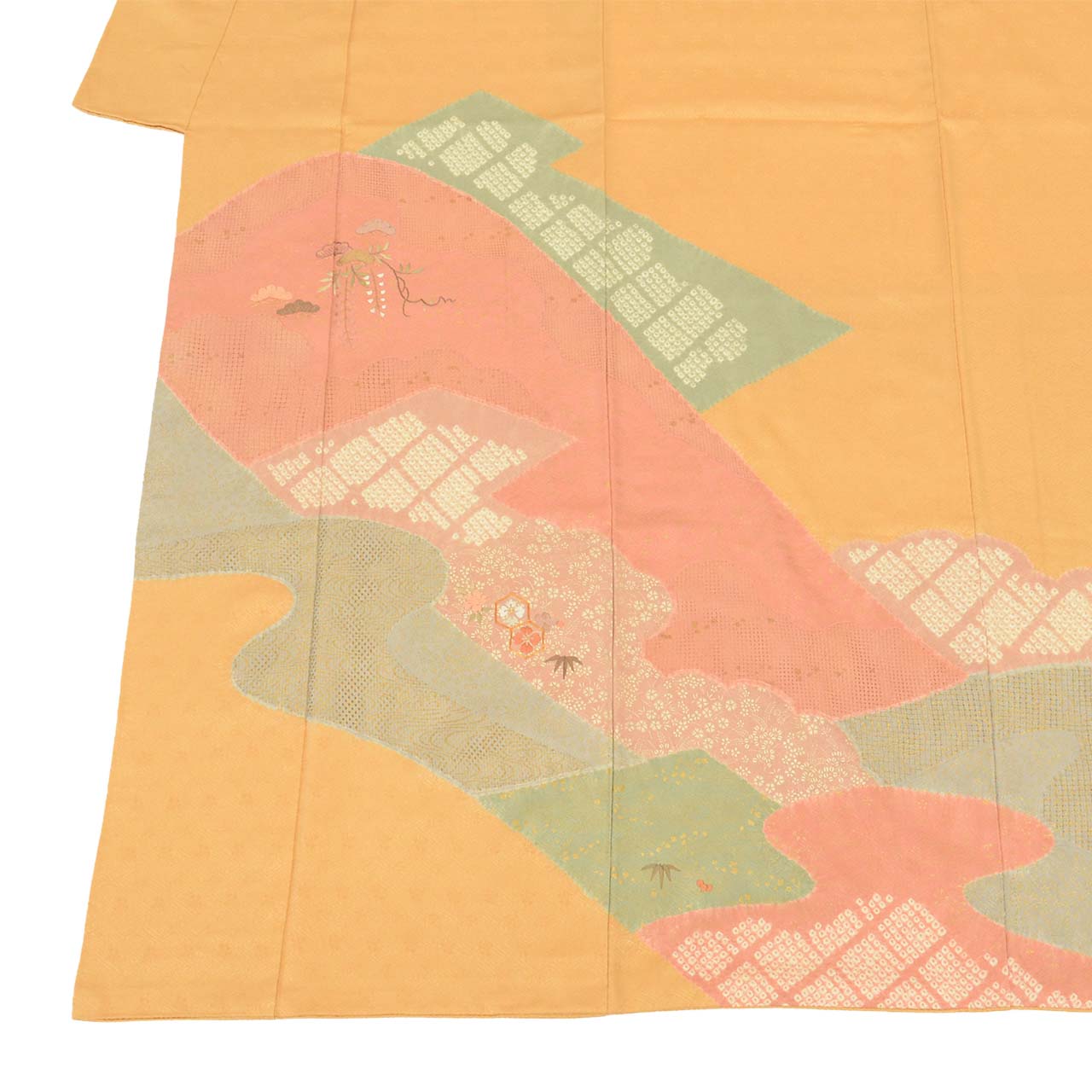 [Used] Recycled Kimono, Visiting Kimono, Pure Silk, Size M, Excellent Condition, Length 160.8cm, Sleeve Length 63.5cm, Lined, Ready-made, Gold Embroidery, Shibori Dyeing, Gold Leaf, Orange Flowers, Pine Trees, Swatow Embroidery, Silk, Reuse uu2732b 