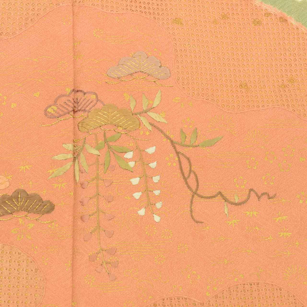 [Used] Recycled Kimono, Visiting Kimono, Pure Silk, Size M, Excellent Condition, Length 160.8cm, Sleeve Length 63.5cm, Lined, Ready-made, Gold Embroidery, Shibori Dyeing, Gold Leaf, Orange Flowers, Pine Trees, Swatow Embroidery, Silk, Reuse uu2732b 
