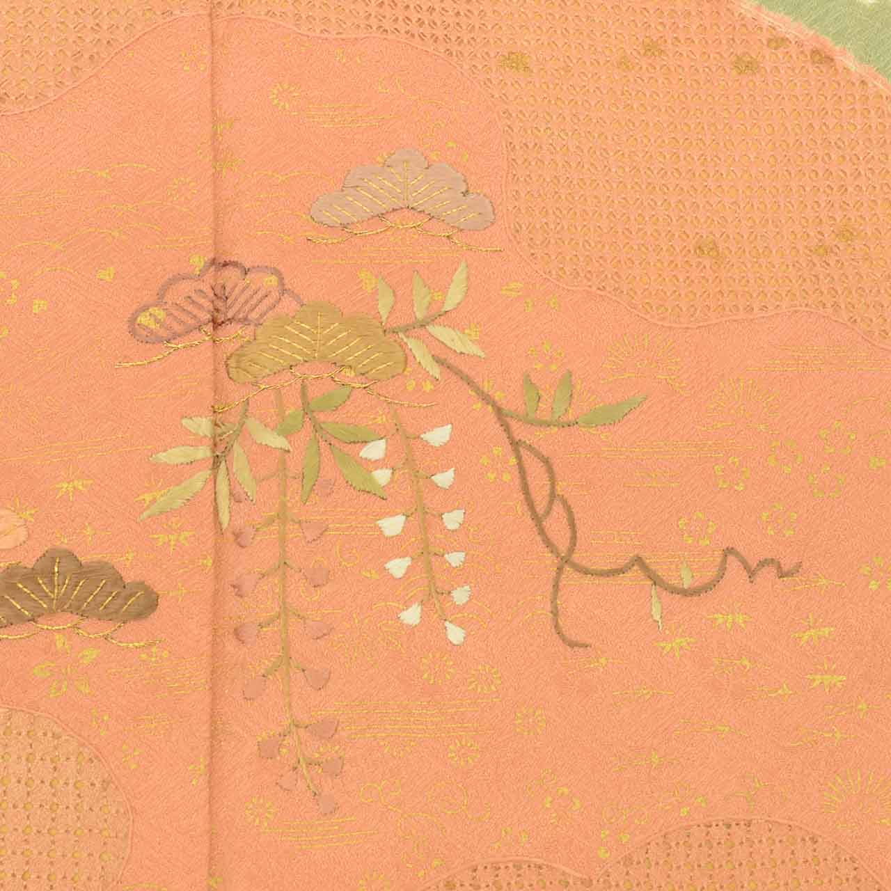 [Used] Recycled Kimono, Visiting Kimono, Pure Silk, Size M, Excellent Condition, Length 160.8cm, Sleeve Length 63.5cm, Lined, Ready-made, Gold Embroidery, Shibori Dyeing, Gold Leaf, Orange Flowers, Pine Trees, Swatow Embroidery, Silk, Reuse uu2732b 