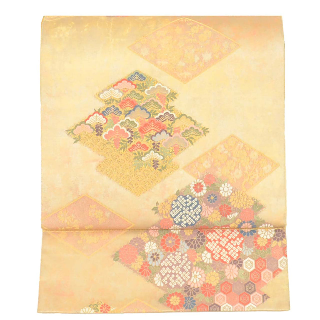 Vintage Japanese Obi | Fukuro Obi | Gold Silk | Matsukawa-bishi Diamond | Kara-ori Hikihaku | Formal | Sustainable | uu2737b