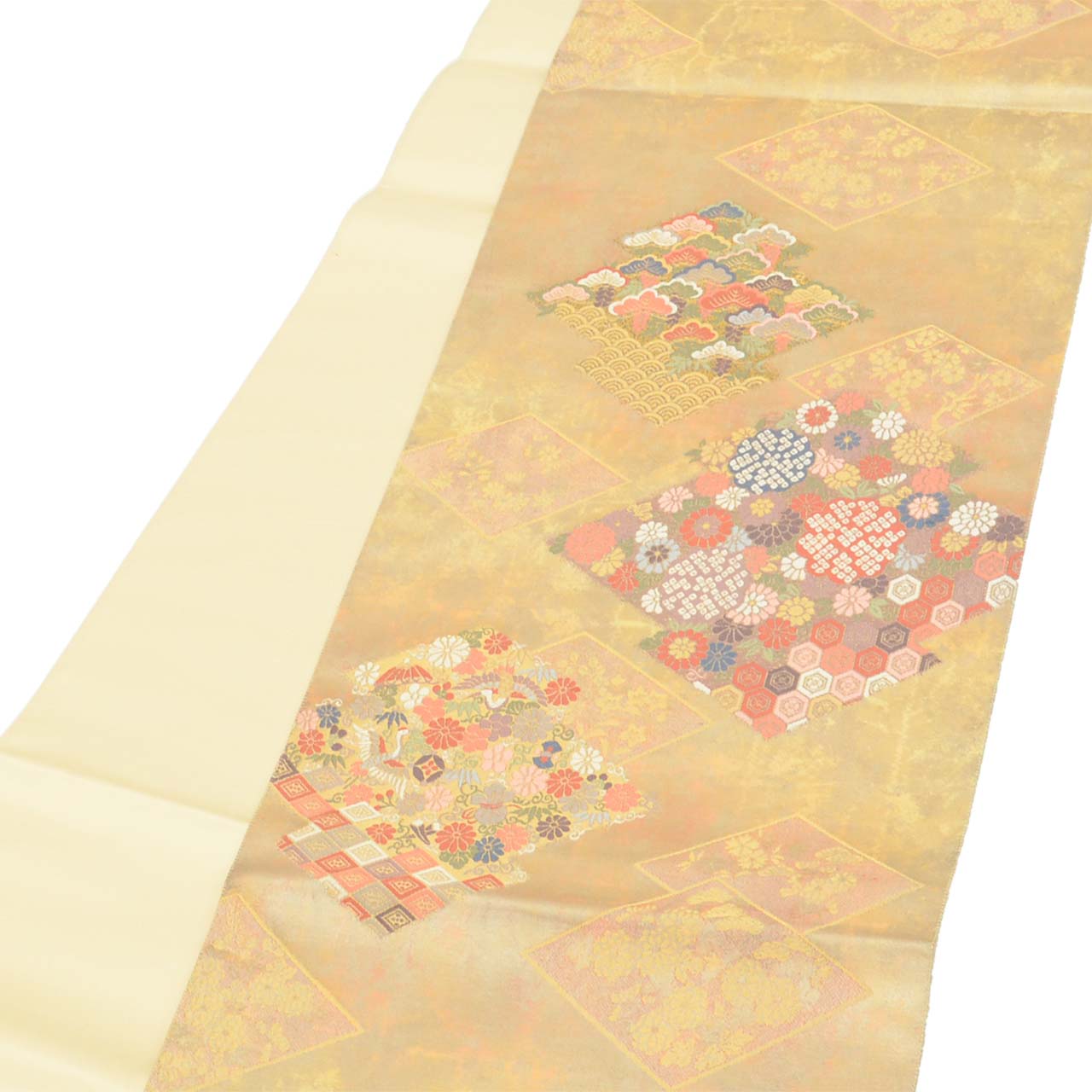 Vintage Japanese Obi | Fukuro Obi | Gold Silk | Matsukawa-bishi Diamond | Kara-ori Hikihaku | Formal | Sustainable | uu2737b