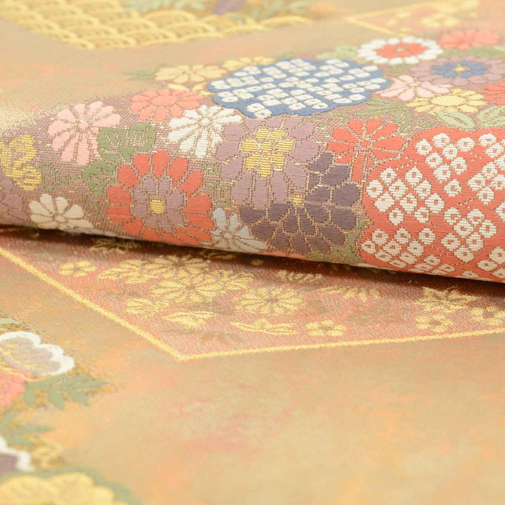 Vintage Japanese Obi | Fukuro Obi | Gold Silk | Matsukawa-bishi Diamond | Kara-ori Hikihaku | Formal | Sustainable | uu2737b