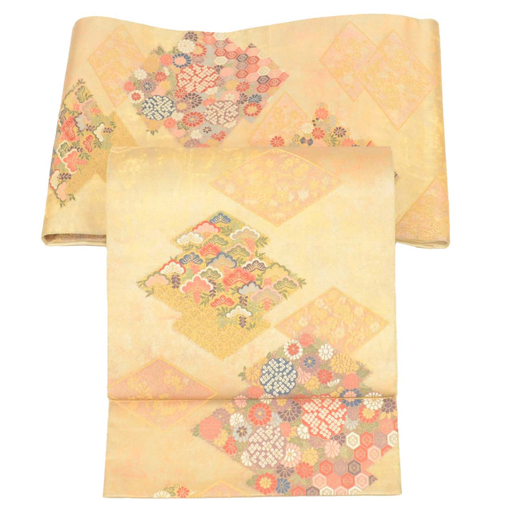Vintage Japanese Obi | Fukuro Obi | Gold Silk | Matsukawa-bishi Diamond | Kara-ori Hikihaku | Formal | Sustainable | uu2737b