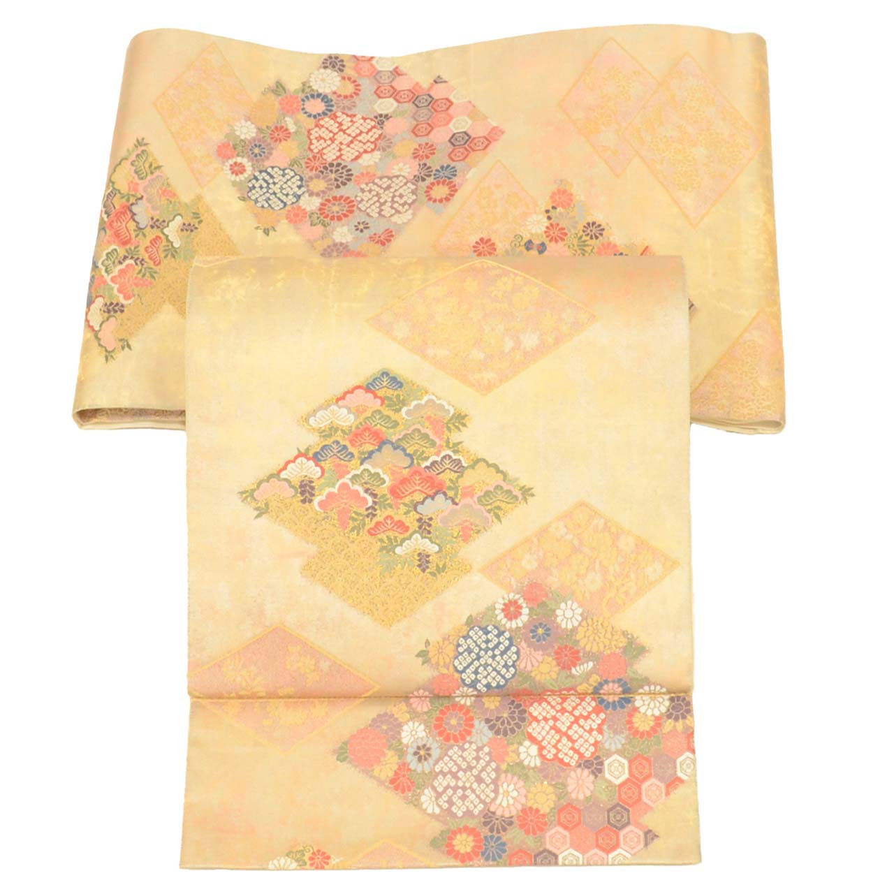 Vintage Japanese Obi | Fukuro Obi | Gold Silk | Matsukawa-bishi Diamond | Kara-ori Hikihaku | Formal | Sustainable | uu2737b