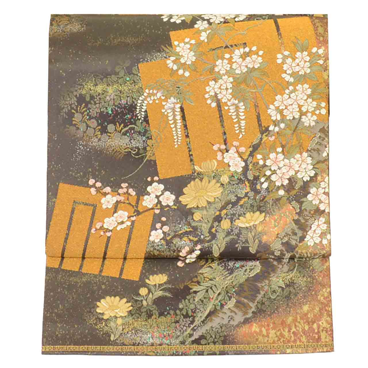 Vintage Japanese Obi | Fukuro Obi | Brown Gold Silk | Genji-ko Floral | Kara-ori Hikihaku | Formal | Sustainable | uu2740b