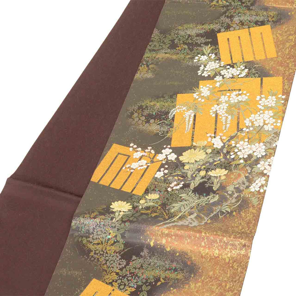Vintage Japanese Obi | Fukuro Obi | Brown Gold Silk | Genji-ko Floral | Kara-ori Hikihaku | Formal | Sustainable | uu2740b