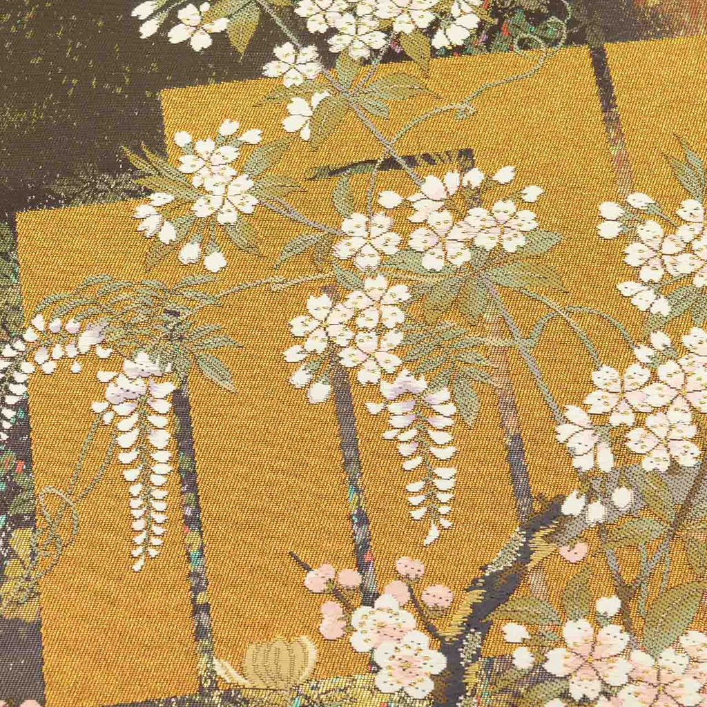 Vintage Japanese Obi | Fukuro Obi | Brown Gold Silk | Genji-ko Floral | Kara-ori Hikihaku | Formal | Sustainable | uu2740b