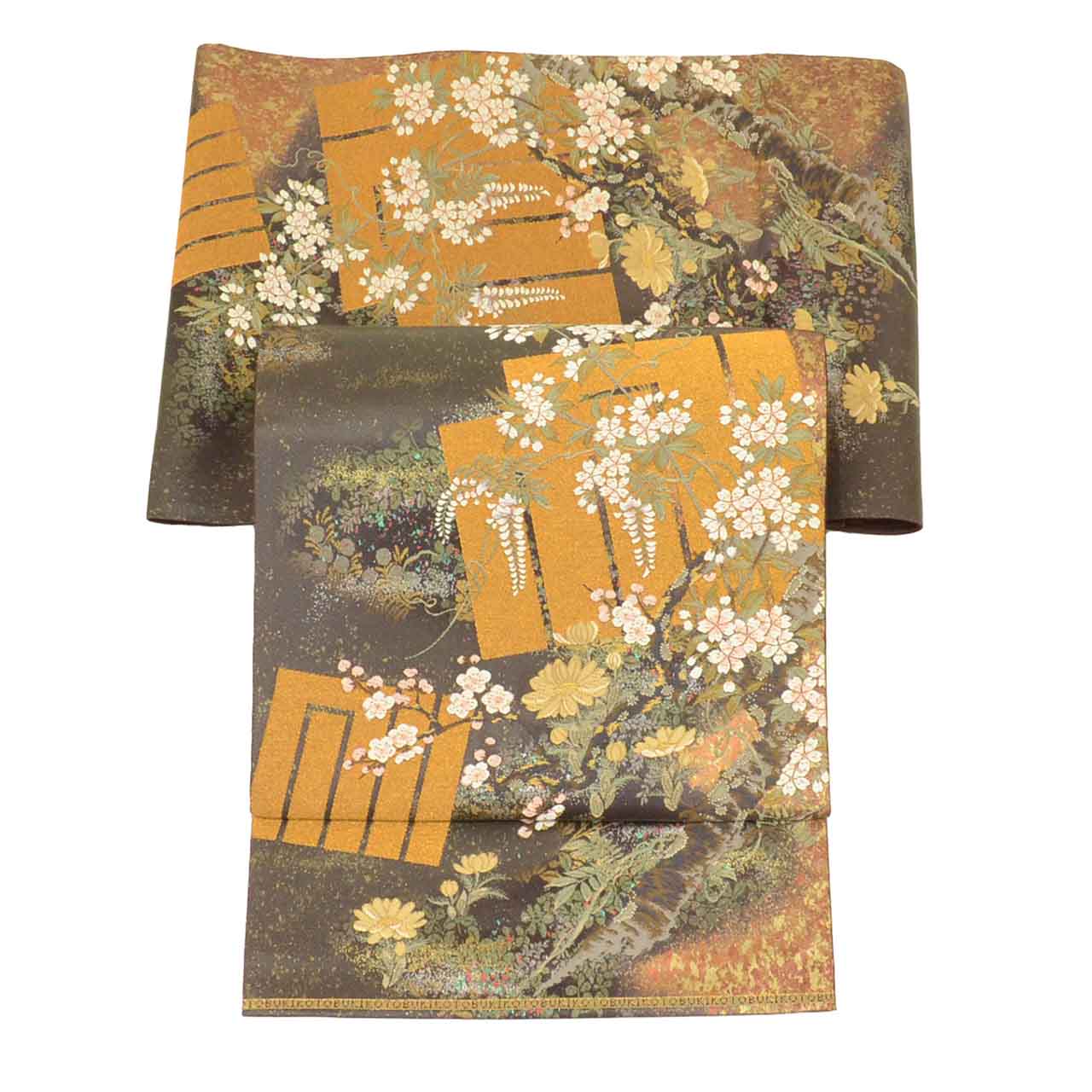 Vintage Japanese Obi | Fukuro Obi | Brown Gold Silk | Genji-ko Floral | Kara-ori Hikihaku | Formal | Sustainable | uu2740b