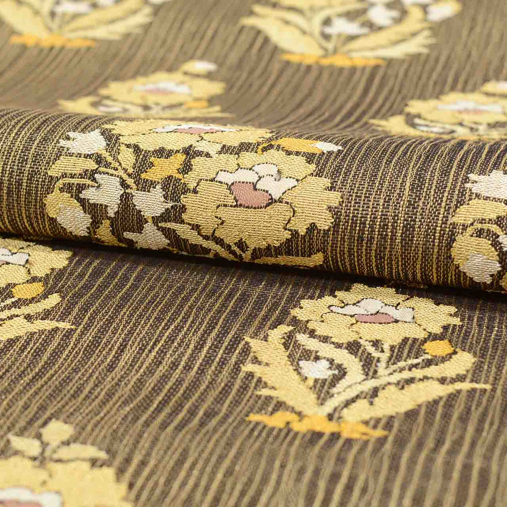 Vintage Japanese Obi | Summer Fukuro Obi | Brown Gold Silk | Botanical Pattern | Hikihaku | Excellent | Sustainable | uu2743b