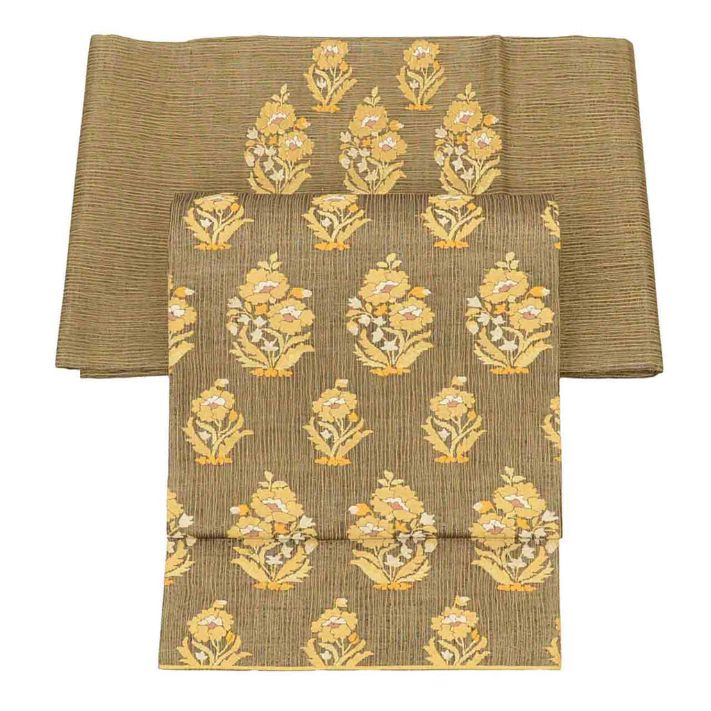 Vintage Japanese Obi | Summer Fukuro Obi | Brown Gold Silk | Botanical Pattern | Hikihaku | Excellent | Sustainable | uu2743b