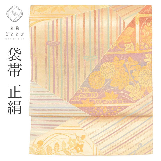 【中古】 リサイクル袋帯 帯 正絹 絹 金糸 銀糸 金やグレー 特品 六通柄 四季花 セミフォーマル 訪問着 付下げ 着物 SILK シルク kimono リユース uu2745b