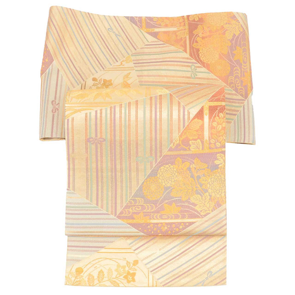 Vintage Japanese Obi | Fukuro Obi | Gold Silver Silk | Four Seasons Floral | Semi-formal | Sustainable | uu2745b