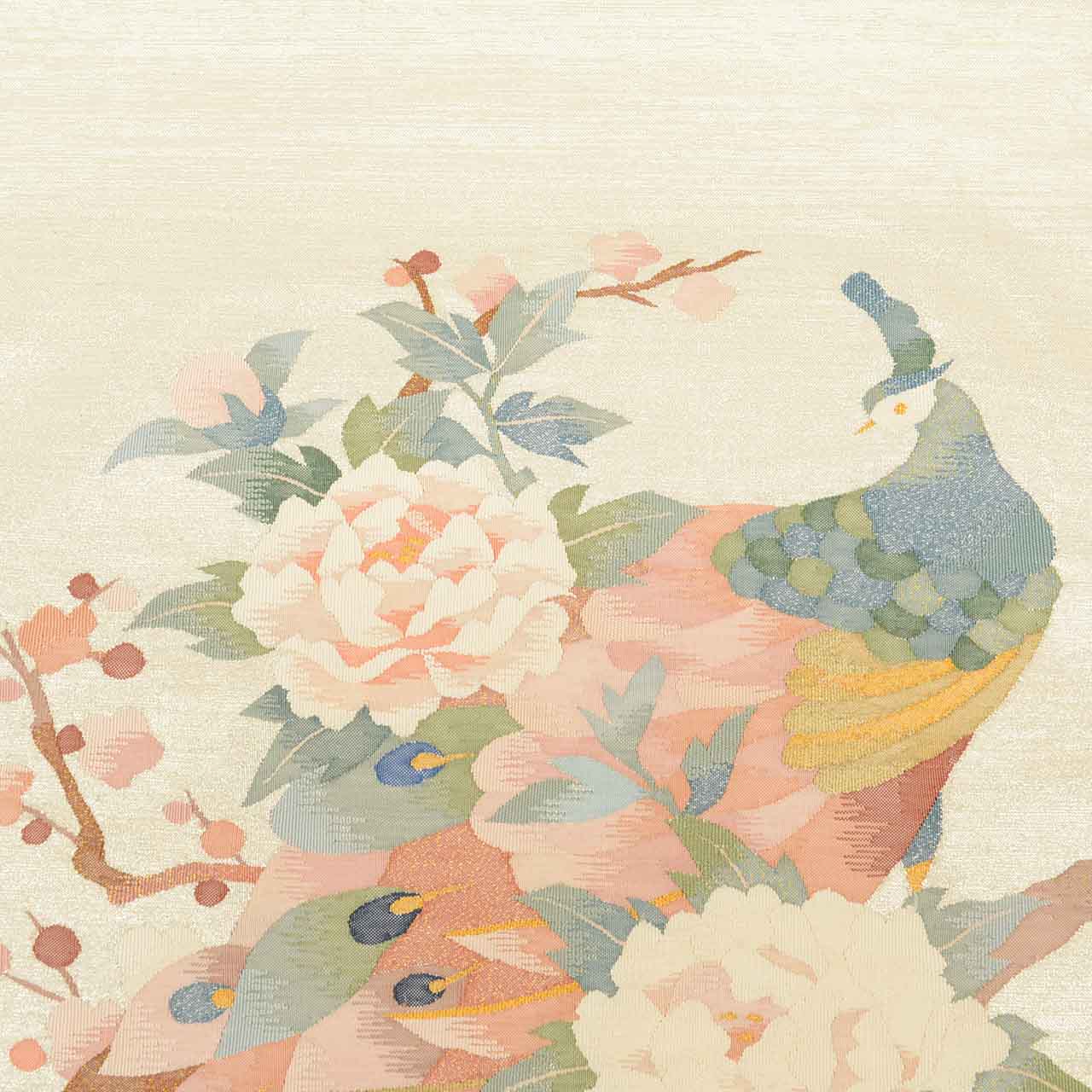 Vintage Japanese Obi | Fukuro Obi | Silver Silk | Peacock Pattern | Mei-Tsuzure Hikihaku | Semi-formal | Sustainable | uu2749b