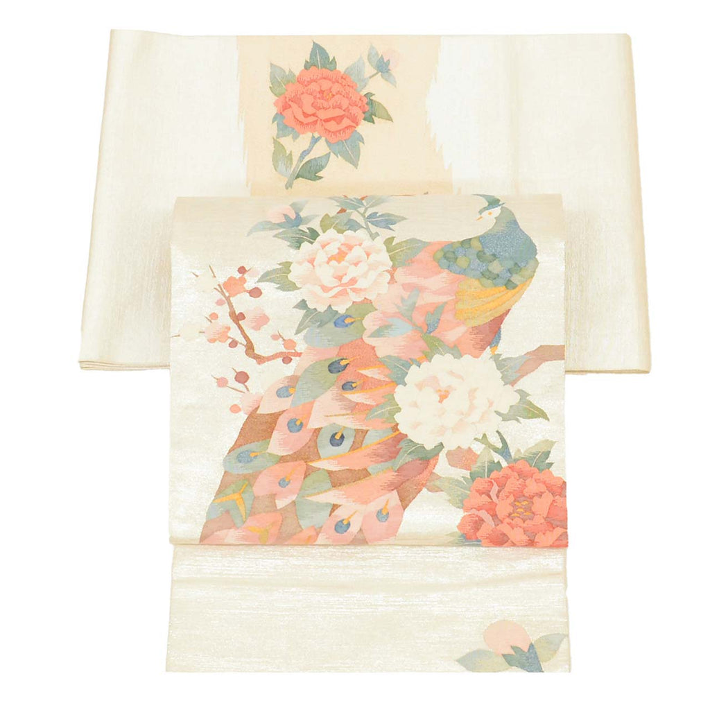 Vintage Japanese Obi | Fukuro Obi | Silver Silk | Peacock Pattern | Mei-Tsuzure Hikihaku | Semi-formal | Sustainable | uu2749b