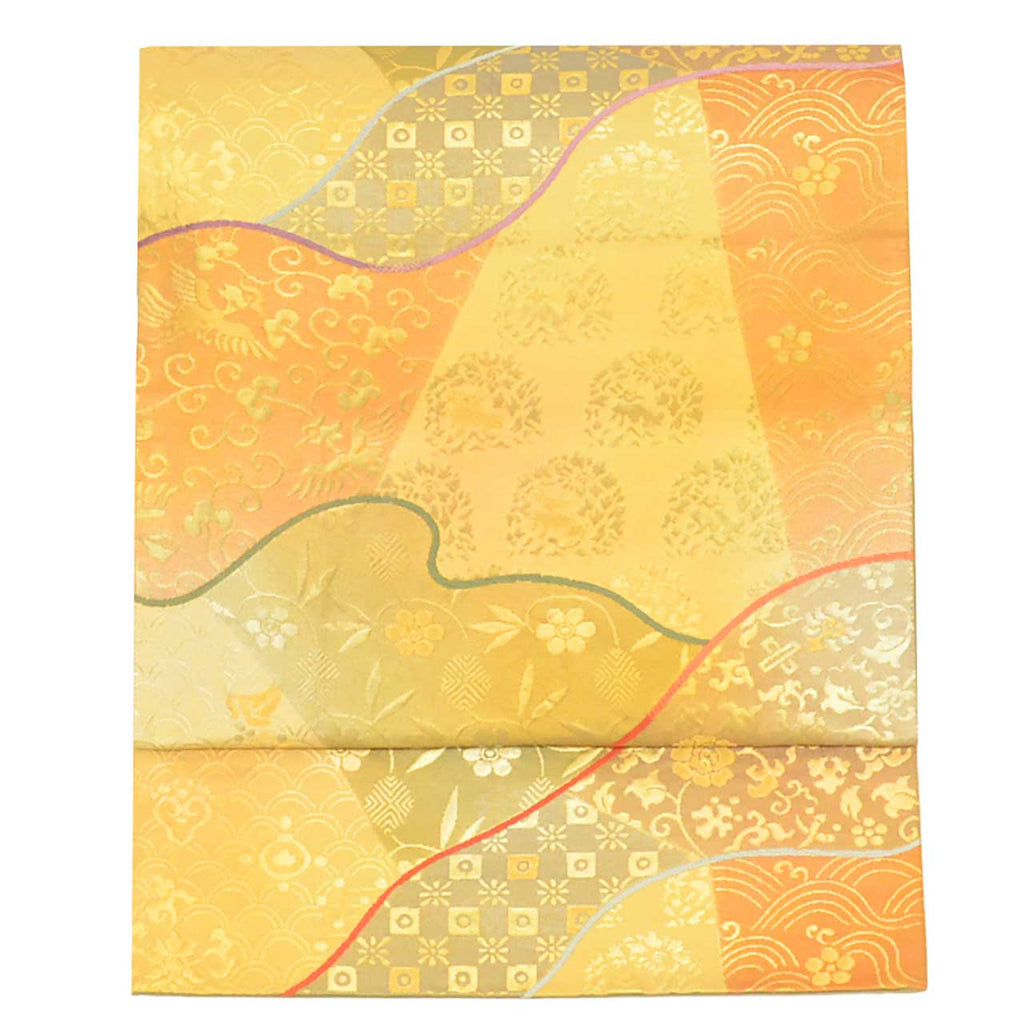 Vintage Japanese Obi | Fukuro Obi | Green Gold Silk | Floral Arabesque | Fukure-ori | Hikihaku | Formal | Sustainable | uu2751b