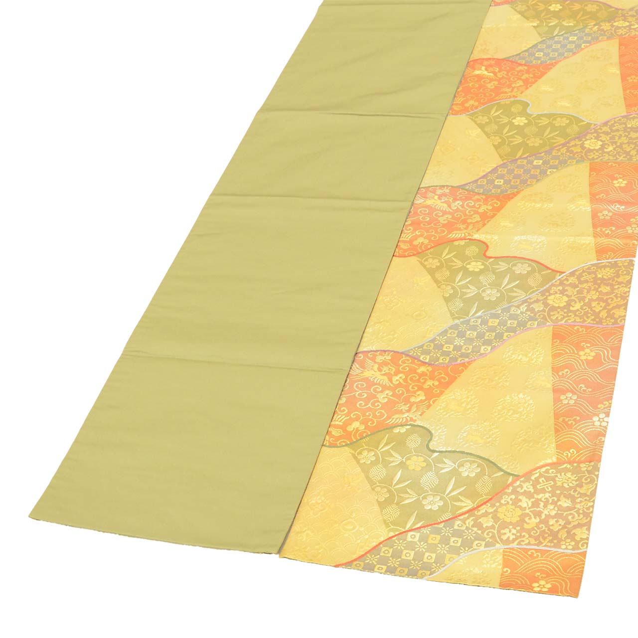 Vintage Japanese Obi | Fukuro Obi | Green Gold Silk | Floral Arabesque | Fukure-ori | Hikihaku | Formal | Sustainable | uu2751b