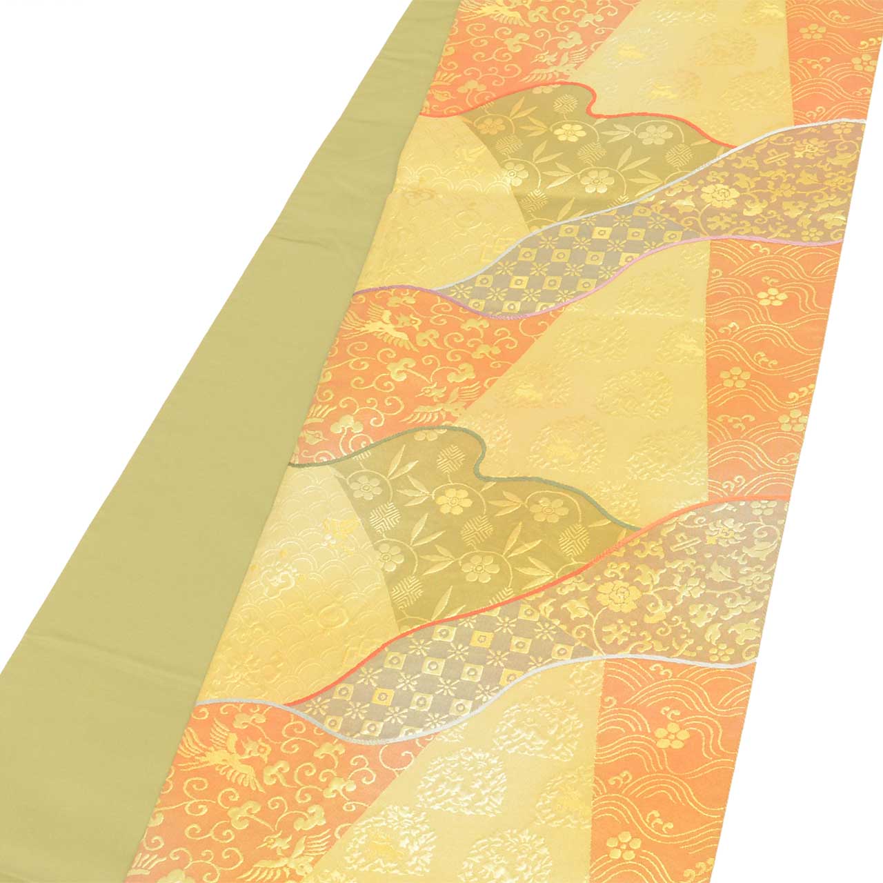 Vintage Japanese Obi | Fukuro Obi | Green Gold Silk | Floral Arabesque | Fukure-ori | Hikihaku | Formal | Sustainable | uu2751b