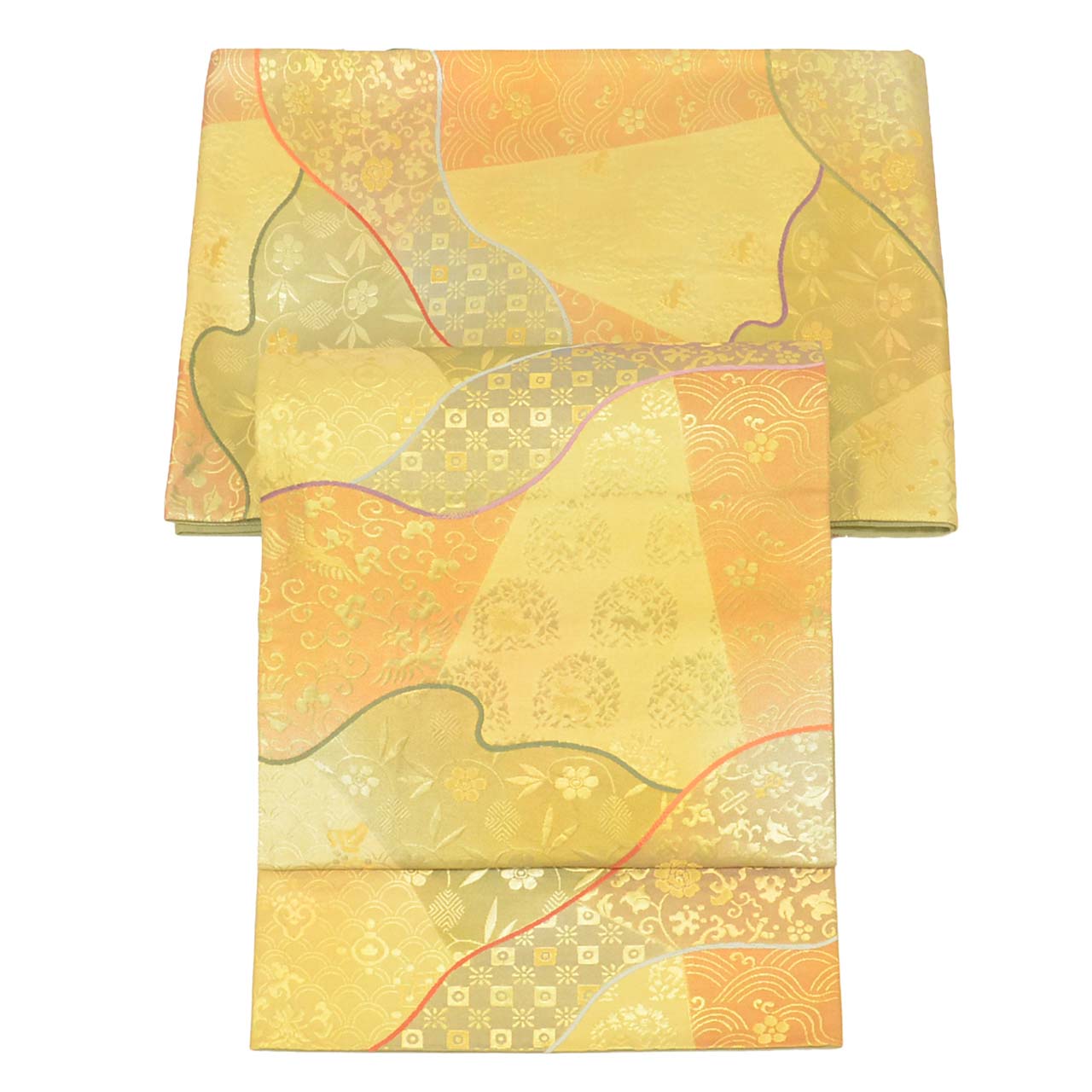 Vintage Japanese Obi | Fukuro Obi | Green Gold Silk | Floral Arabesque | Fukure-ori | Hikihaku | Formal | Sustainable | uu2751b