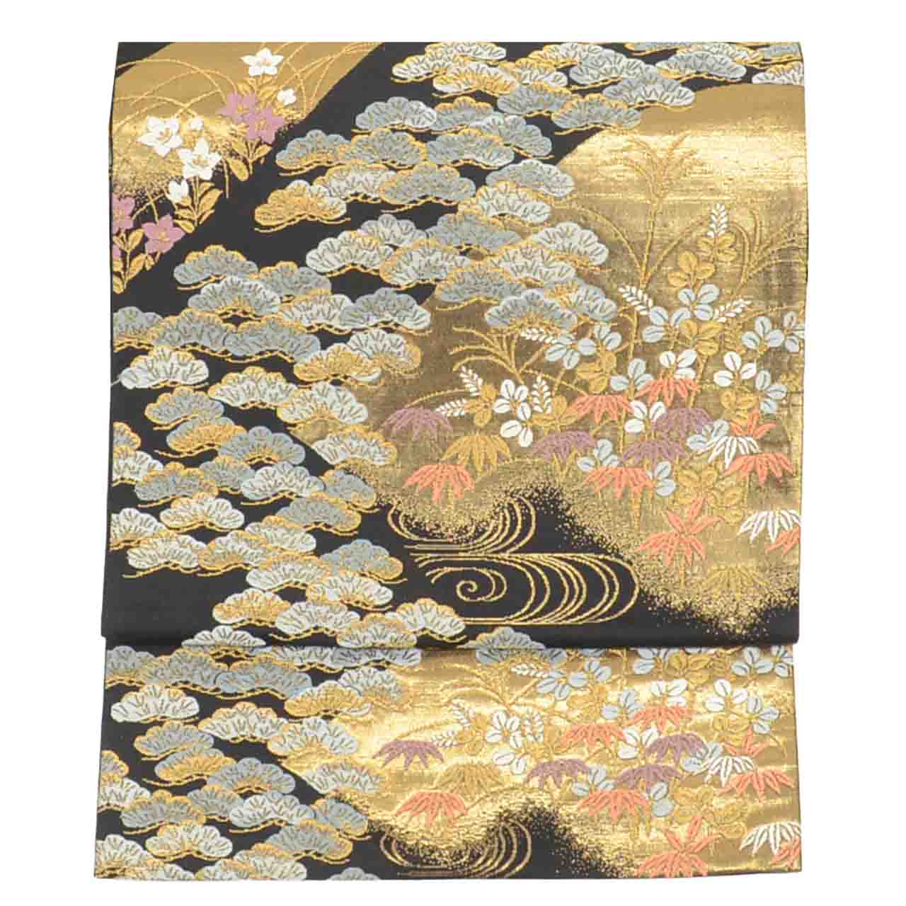 Vintage Japanese Obi | Fukuro Obi | Black Gold Silk | Distant Mountain Pine Pattern | Hikihaku | Formal | Sustainable | uu2753b