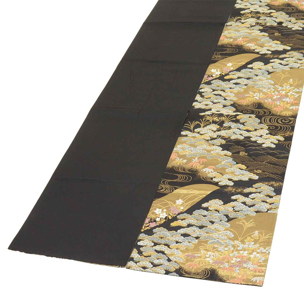Vintage Japanese Obi | Fukuro Obi | Black Gold Silk | Distant Mountain Pine Pattern | Hikihaku | Formal | Sustainable | uu2753b