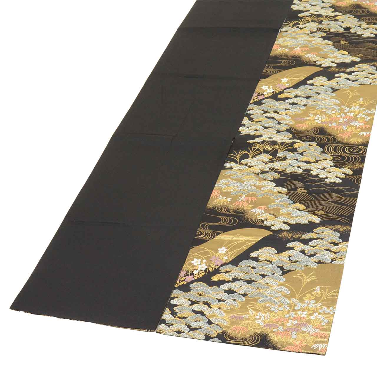 Vintage Japanese Obi | Fukuro Obi | Black Gold Silk | Distant Mountain Pine Pattern | Hikihaku | Formal | Sustainable | uu2753b