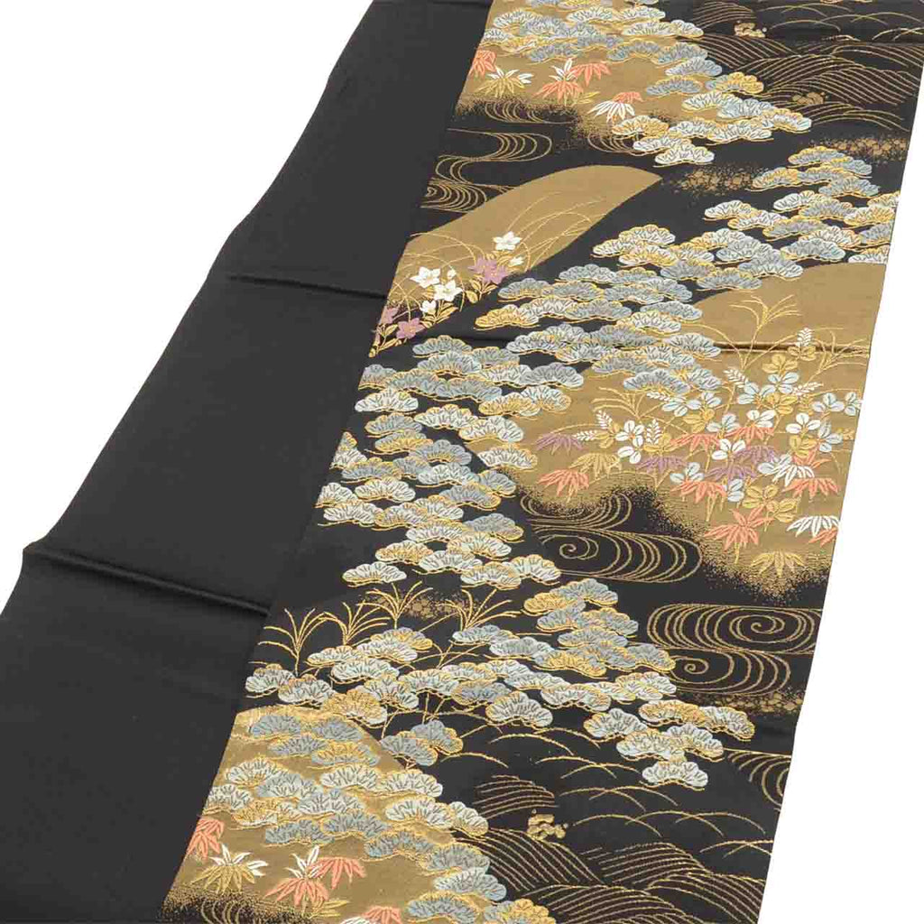 Vintage Japanese Obi | Fukuro Obi | Black Gold Silk | Distant Mountain Pine Pattern | Hikihaku | Formal | Sustainable | uu2753b